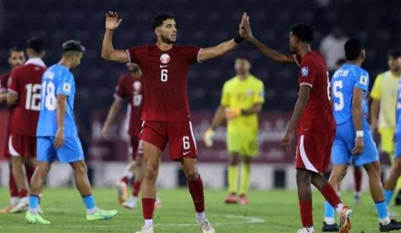 Qatars Youssef Ayman celebrates with Ibrahim Al Hassan after the match against India